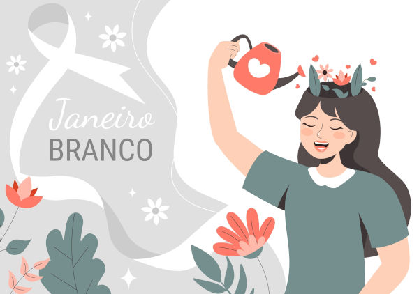 Ilustração sobre saúde mental traz mulher regando a própria cabeça, que se apresenta cheia de flores. Texto: Janeiro Branco.