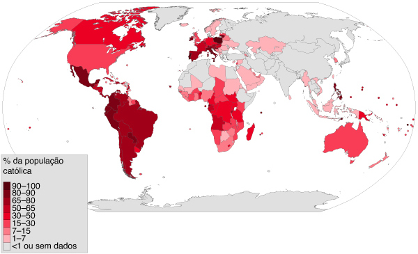 Mapa mostrando a porcentagem de católicos por país e por território, refletindo a influência mundial da Igreja Católica.