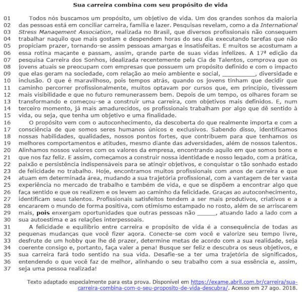 Texto intitulado “Sua carreira combina com seu propósito de vida” em questão da Fundatec sobre conjunção explicativa