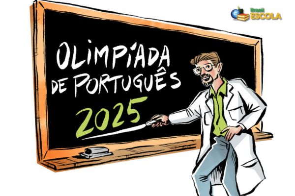 Fundo branco, ilustração de professor e lousa escrito Olimpíada de Português 2025