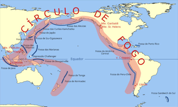 Mapa do Círculo de Fogo do Pacífico, onde ocorrem muitos terremotos.