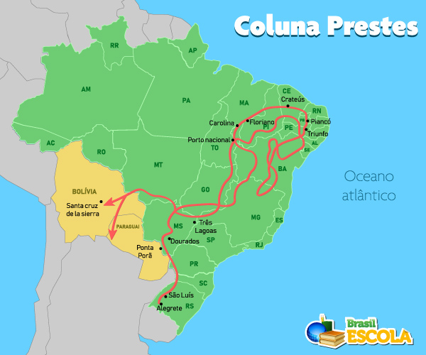 Mapa do Brasil com estados percorridos pela marcha da Coluna Prestes