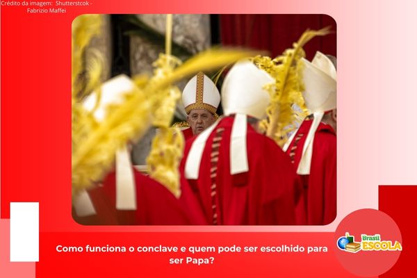 Foto do Papa Francisco cercado por cardeais. Texto na imagem: Como funciona o Conclave e quem pode ser escolhido para ser Papa.