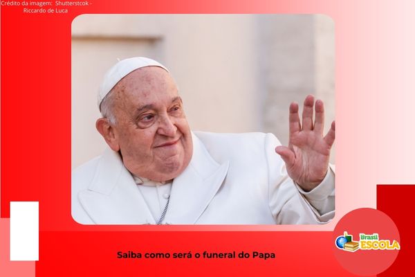 Papa Francisco com fundo vermelho e branco. Texto na imagem: saiba como será o funeral do Papa Francisco.