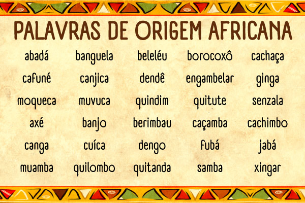 Lista de palavras africanas presentes no português brasileiro, em fundo amarelo com bordas coloridas. Lista de palavras africanas presentes no português brasileiro, em fundo amarelo com bordas coloridas.