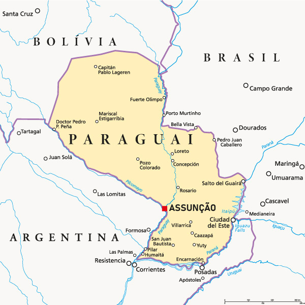 Mapa do Paraguai e seus países vizinhos.