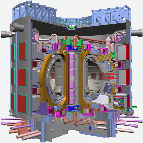 Esquema ilustrativo de um reator de fusão nuclear Tokamak.