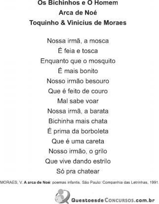 Letra d e um poema de Toquinho e Vinicius de Moraes em questão sobre a classificação dos seres vivos.