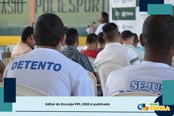 Detentos assintem aula. Texto na imagem: edital do encceja ppl 2025 é publicado.