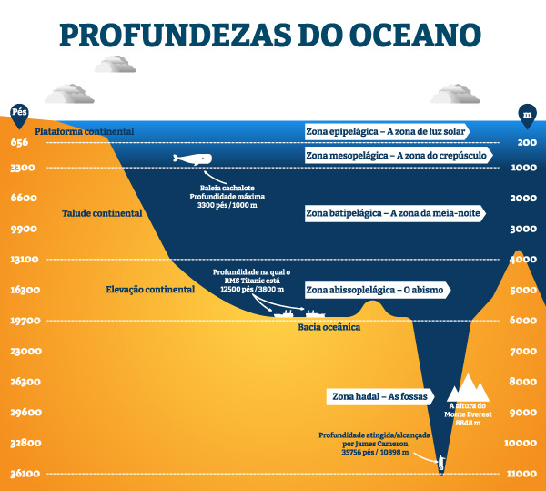 Infográfico das zonas das profundezas dos oceanos.