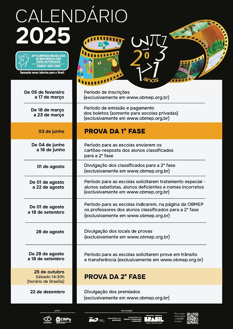 Calendário com datas da Obmep 2025