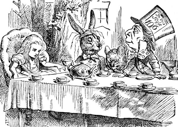 Ilustração original do livro “Alice no País das Maravilhas” em que Alice fala com o coelho, a Lebre de Março e o Chapeleiro.