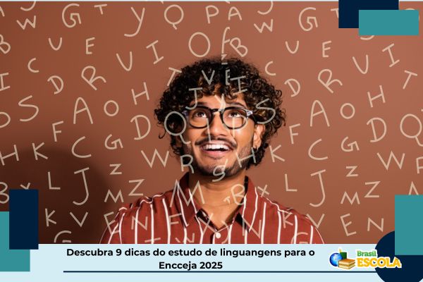 Estudante cercado de letras. Texto na imagem: Descubra 9 dicas do estudo de linguangens para o Encceja 2025