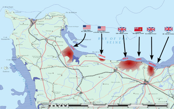 Mapa de ataque dos Aliados no Dia D.
