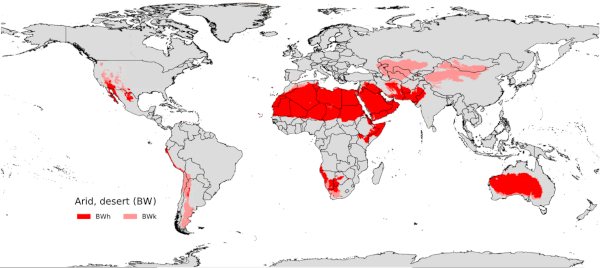 Mapa-múndi mostrando as regiões de ocorrência do clima desértico. [imagem_principal]