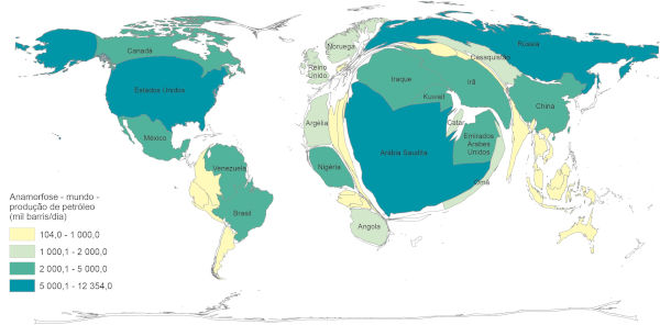 Mapa-múndi feito com a técnica de anamorfose mostra países produtores de petróleo. (Fonte: IBGE).