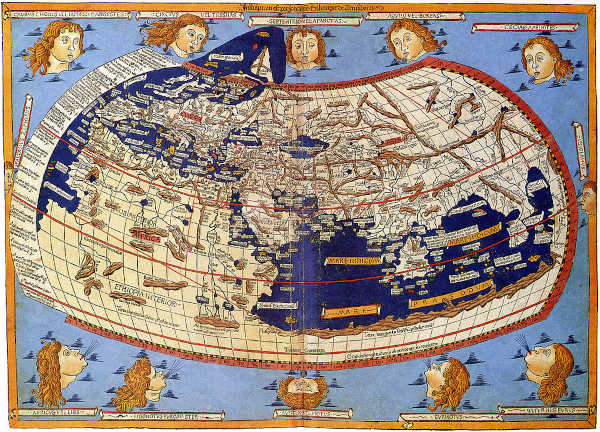 Mapa-múndi produzido em 1492 com base nos escritos de Ptolomeu.