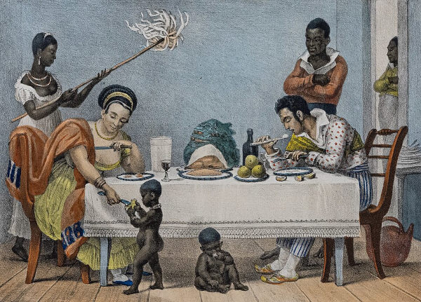 Negros escravizados servindo dois brancos durante a refeição, em pintura de Jean-Baptiste Debret.