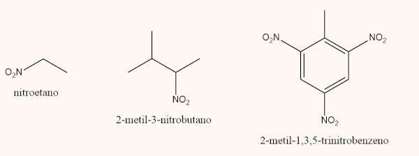 Três fórmulas estruturais representando a nomenclatura dos nitrocompostos.