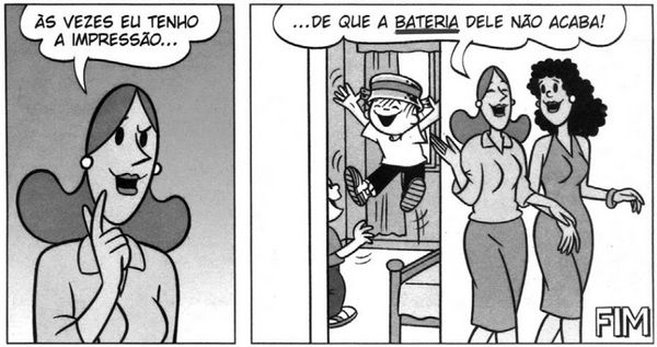 Tirinha “O menino maluquinho” exemplifica sentido figurado da palavra bateria em questão do Enem.