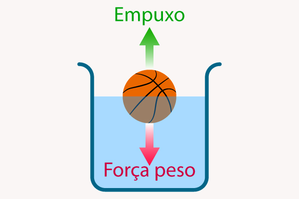 Ilustração de uma bola na água, que sofre a força peso e o empuxo. [imagem_principal]
