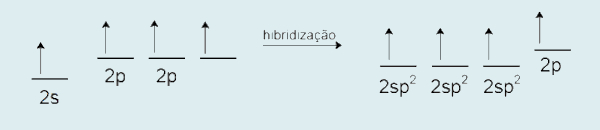 Estrutura molecular do eteno Hibridização dos orbitais atômicos 2s e 2p do carbono, formando três orbitais atômicos híbridos do tipo sp².