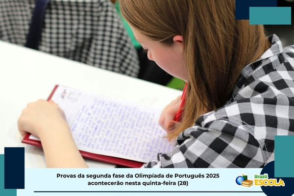 Provas da 2ª fase da Olimpíada de Português 2025 Estudante fazendo prova da Olimpíada de Português