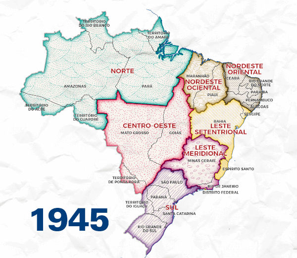 Mapa mostrando a regionalização do Brasil feita pelo IBGE em 1945.