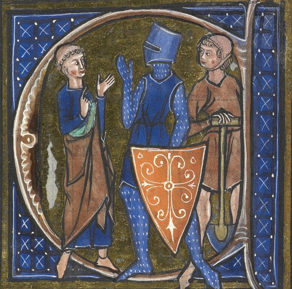 Três figuras representando a sociedade estamental feudal: monge, cavalheiro e camponês.