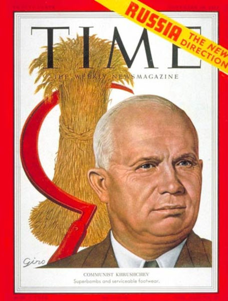 Rosto de Nikita Khrushchev, figura política dos anos 50, na capa de uma revista norte-americana.