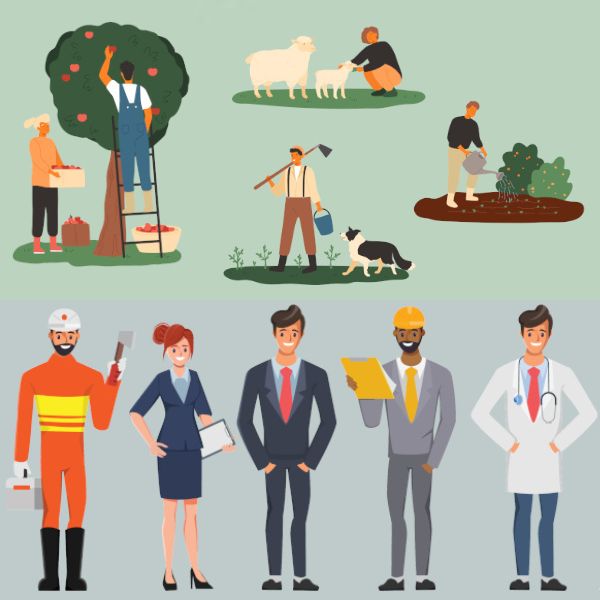 Ilustração de agricultores e diferentes profissionais representando sociedades de solidariedade mecânica e orgânica. Ilustração de vizinhos se ajudando entre janelas, representando a solidariedade mecânica.