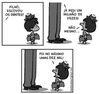 Tirinha com ilustração de um menino, com sapo na cabeça, dialogando com o pai, em exercícios sobre figuras de pensamento.