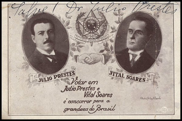Rosto de Júlio Prestes e Vital Soares em folheto das eleições que precederam a Revolução de 1930.