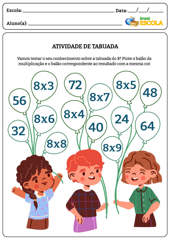 Ilustração de três crianças segurando balões com multiplicações dentro, em atividade de tabuada.
