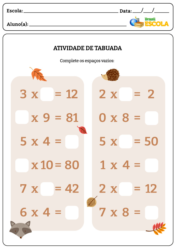 Duas colunas com multiplicações com resultados e lacunas em atividade de tabuada.