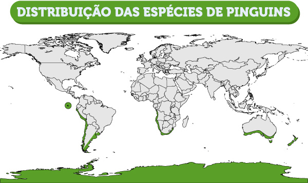 Mapa-múndi mostrando as regiões do mundo em que podem ser encontrados pinguins.