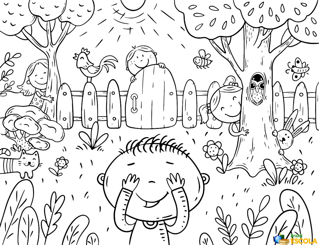 Desenho de crianças brincando de pique-esconde para colorir
