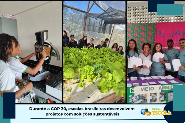 Imagens de projetos escolares que desenvolveram soluções sustentáveis.