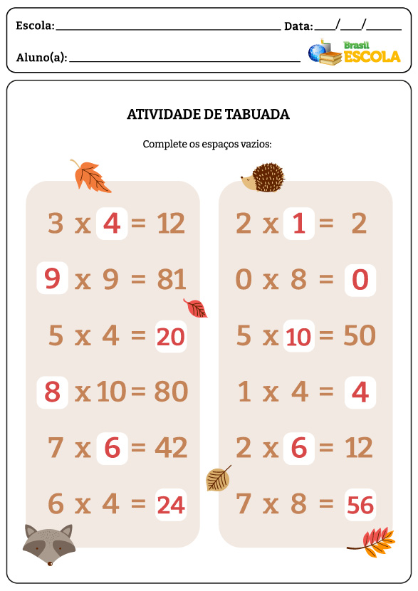 Duas colunas com multiplicações com resultados em atividade de tabuada.