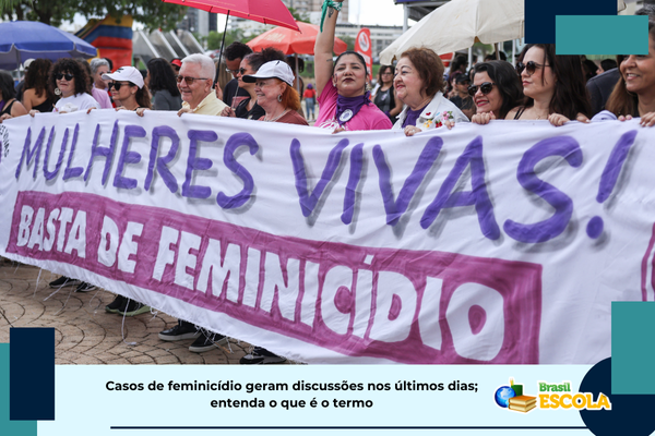 Foto de manifestantes com faixa com escrita contra o feminicídio. Texto: título da matéria.