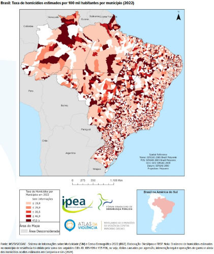 Mapa do Ipea com taxa de homicídios estimados por 100 mil habitantes por município (2022).
