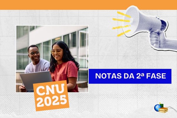 Foto de jovens em computador, texto CNU 2025 Notas da 2ª fase