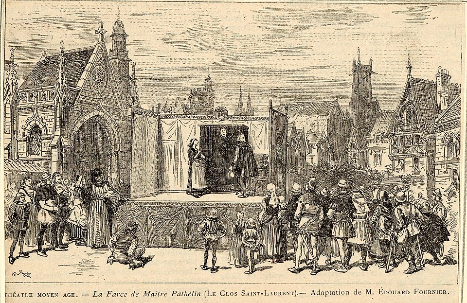 Figura retratando uma encenação em palco móvel, parte da história do teatro medieval. 