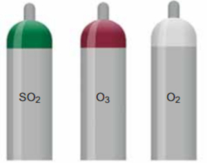Ilustração de três cilindros de gases em exercícios sobre número de mol.