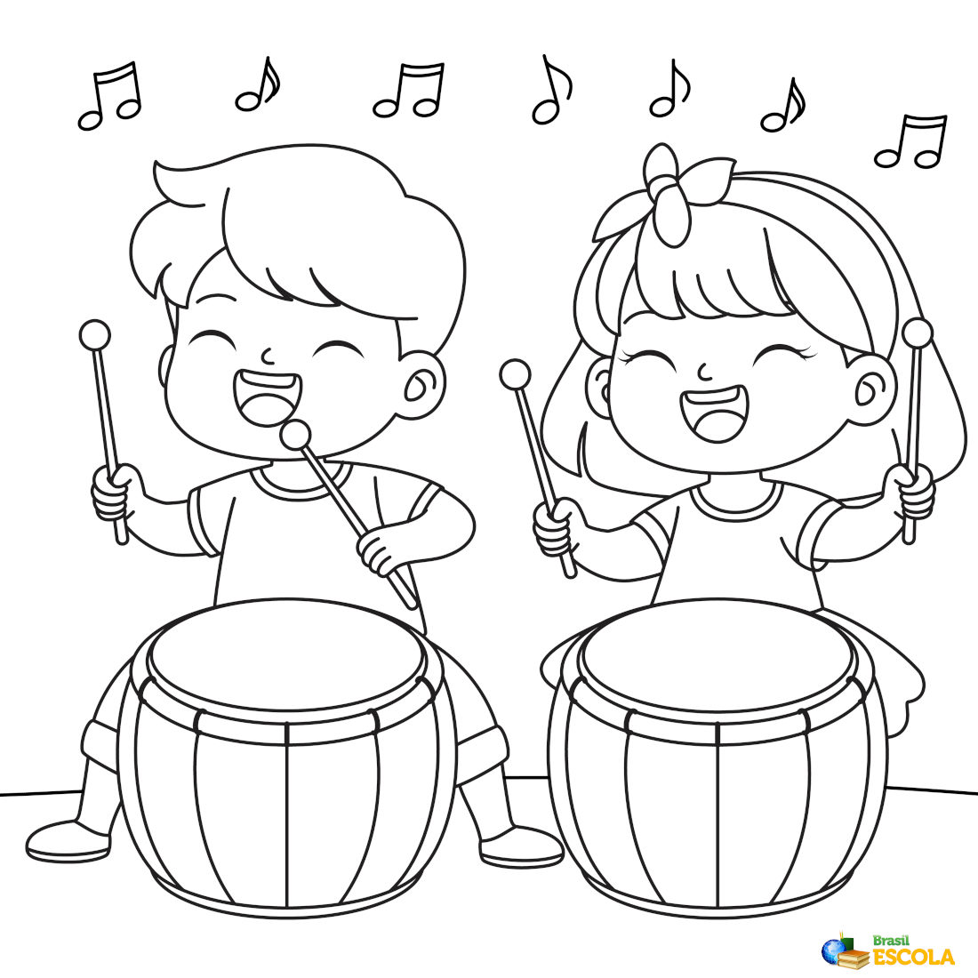 desenho de duas crianças tocando e cantando para pintar