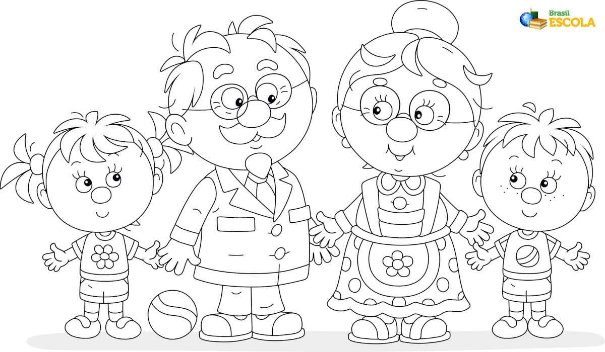 Desenho de vovó e vovô com seus netinhos para pintar