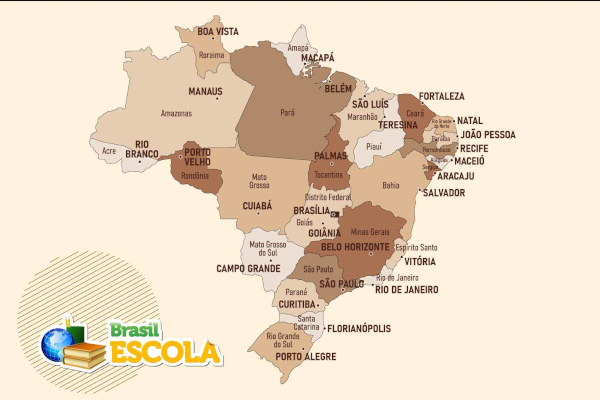 Mapa com as capitais do Brasil e seus respectivos estados.