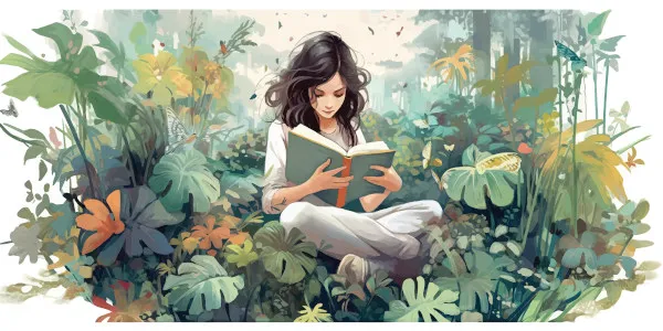 menina lendo um livro em meio a plantas diversas