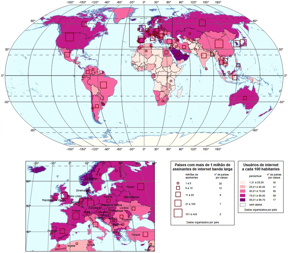 Mapa da população com acesso à internet em diferentes países 2019. Fonte: IBGE.