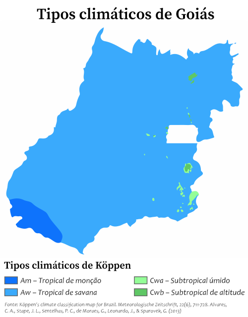 Mapa dos tipos de clima do estado de Goiás segundo a classificação climática de Köppen.
